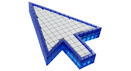 A 3d cursor arrow made of blue glowing blocks and white tiles