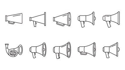 a collection of various black line art megaphone illustrations arranged in a row with different perspectives on transparent background silhouette high quality professional detailed modern elegant