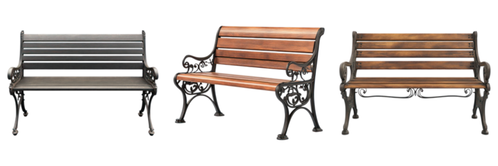 Three different park benches showcasing variations in design and materials. Each bench offers a unique seating option for outdoor spaces
