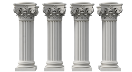 Four ornate classical greek columns standing in a row, isolated on a transparent background