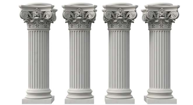 Four ornate classical greek columns standing in a row, isolated on a transparent background
