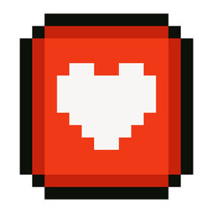 Bright red pixel heart icon in retro 8 bit style. Symbol of love, like and digital affection perfect for social media, video games, app interfaces, emojis, stickers, web design and pixel art projects