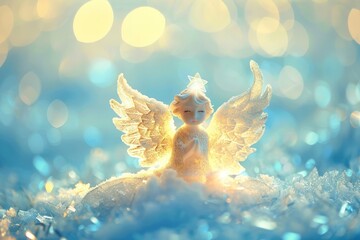 A heavenly angel figurine shines beautifully in a dreamy setting filled with shimmering light, creating a magical atmosphere that evokes feelings of hope and serenity, capturing the heart and spirit.