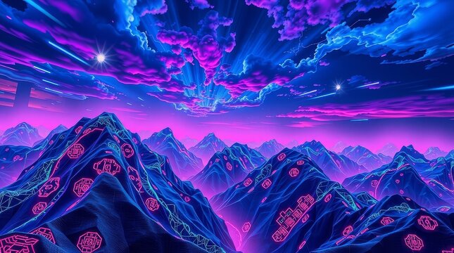 Neon mountain range glows under a vibrant purple and blue night sky view