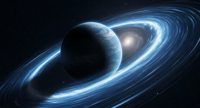 Image of a blue planet with swirling rings, stars, and a distant galaxy, showcasing cosmic beauty and representing space exploration and scientific discovery