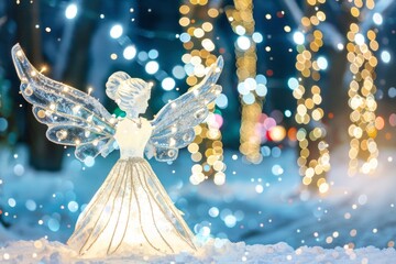 A beautiful illuminated angel figure stands in a snowy landscape, surrounded by soft bokeh lights that create a magical, festive atmosphere, ideal for holiday-themed projects or celebrations.