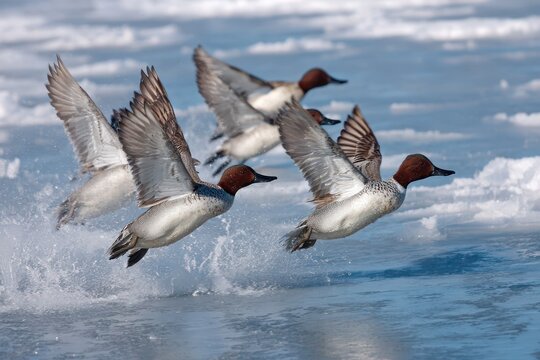 Canvasback Ducks in Majestic Flight, Preparing to Land Gracefully on Serene Waters Surrounded by Ice and Nature