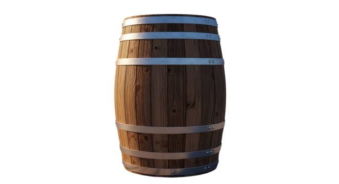 A rustic wooden barrel with metal bands, isolated on a transparent background - Powered by Adobe
