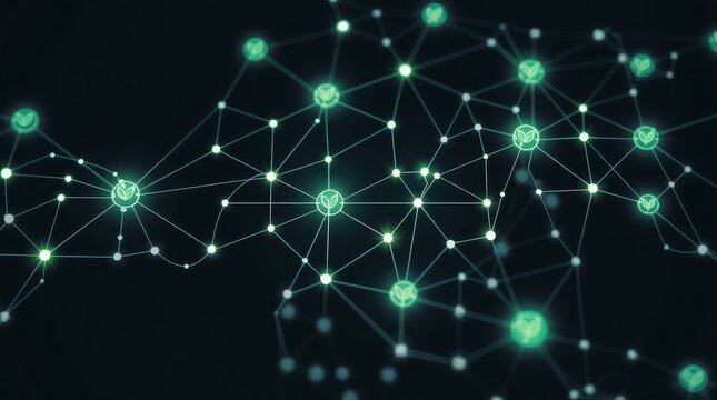 Abstract network connection system with glowing green dots and lines