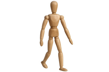 Wooden artist mannequin walking isolated on transparent background