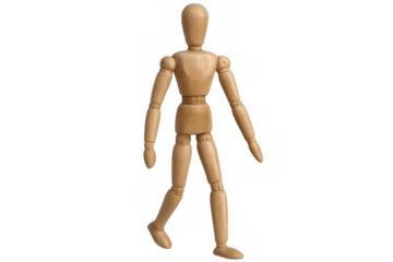 Wooden artist mannequin walking isolated on transparent background