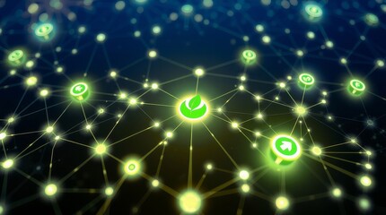 Green leaf icon in abstract network connection for eco technology concept