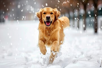 A cheerful golden retriever dashes joyfully through a snowy landscape, embracing the thrill of winter, showcasing the bond between pets and their environment in a lively, heartwarming scene.