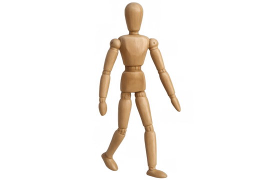 Wooden artist mannequin walking isolated on transparent background
