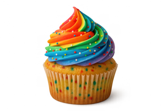 Cupcake with colorful rainbow frosting and vibrant sprinkles on transparent background symbolizing celebration and joy - Powered by Adobe