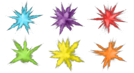 Six colorful abstract explosions of powder or paint