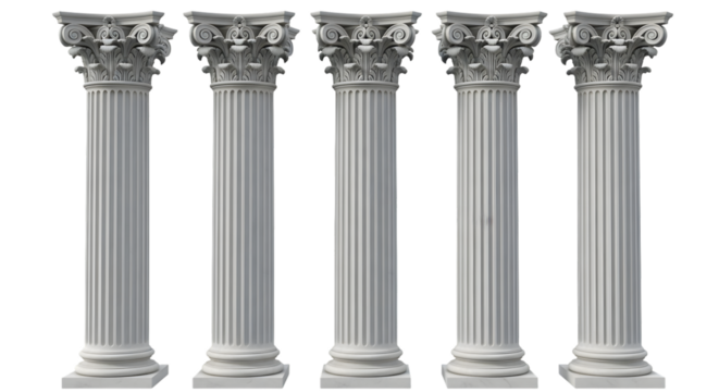 Five ancient greek corinthian columns standing in a row