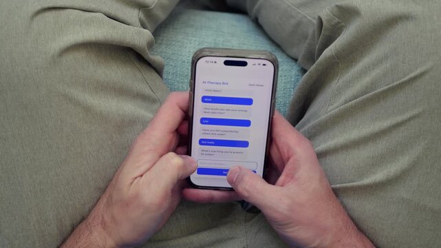 Middle Aged Man Using Artificial Intelligence Mental Health Therapy Bot at Home - AI Therapy and Counseling Concept