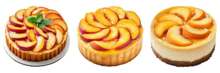 A trio of beautifully presented peach tarts, each showcasing the fresh fruit in an appetizing display. They are perfect for dessert or a special occasion