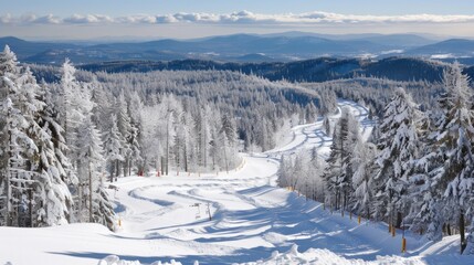 A captivating view of a winding snowy trail surrounded by frosted trees, epitomizing the beauty of winter and inviting exploration in a serene natural landscape.