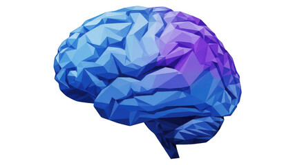 Polygonal blue and purple brain illustration representing artificial intelligence, thought process, advanced technological concepts, and innovation isolated on transparent background