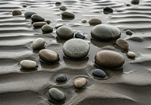 A close-up view of smooth, wet pebbles and stones scattered across rippled sand on a beach, showcasing the textures and natural patterns formed by the receding tide