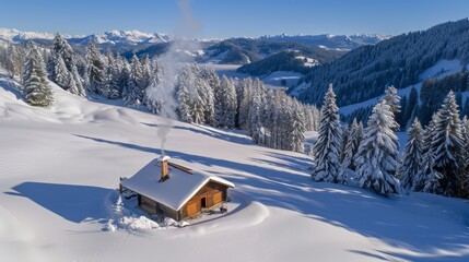 An enchanting log cabin with smoke rising from the chimney, nestled in a blanket of snow and surrounded by wintery trees, capturing the essence of warmth and coziness in winter.