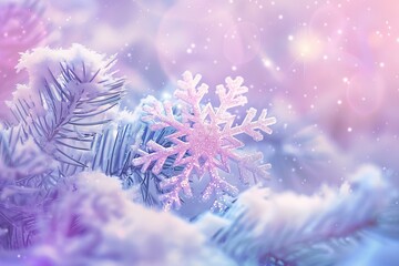 An intricate pastel snowflake rests delicately on a frosted branch, set against a soft background of shimmering snow, offering a serene and artistic winter scene perfect for various uses.