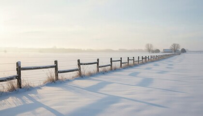 Winter landscape with snow-covered field, wooden fence casting shadows
