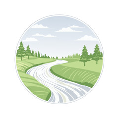 Obraz premium Winding River Through Verdant Hills and Pine Trees Under Cloudy Sky