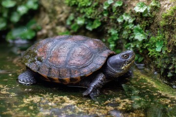 Fototapeta premium European Bog Turtle Relaxing on Moss-Covered Rock in Tranquil Duck Pond Setting