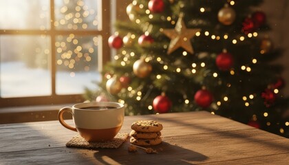 Warm cup of coffee and cookies on wooden table with decorated Christmas tree in background
