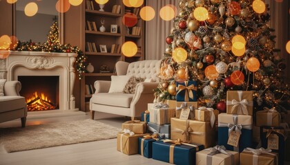 Beautifully decorated living room with Christmas tree and wrapped presents by fireplace

