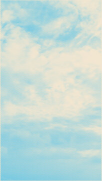 Color halftone texture of blue sky with clouds. Abstract cloud pattern vector dotted pixel texture background with copy space.