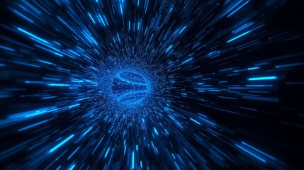 Abstract blue light streaks with glowing particles in a dark space background