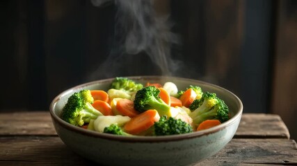 Steaming bowl of cooked broccoli, carrots, and cauliflower on a wooden table steamed vegetables Generated with Ai - Powered by Adobe