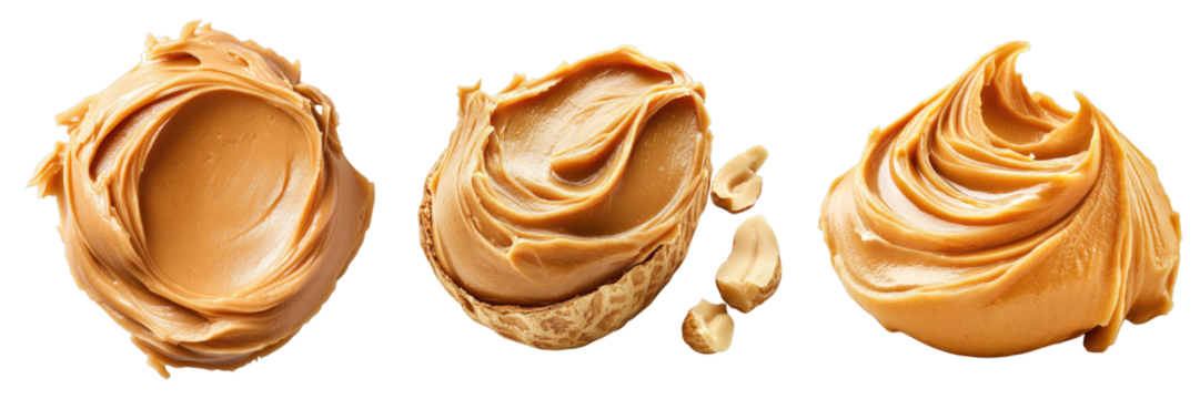Close-up shot of creamy peanut butter swirls with roasted peanuts scattered. A tasty treat for food lovers