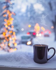 A black coffee mug releases steam, perched on a ledge covered in snow, creating a cozy scene that captures the essence of winter while enjoying a hot drink indoors.