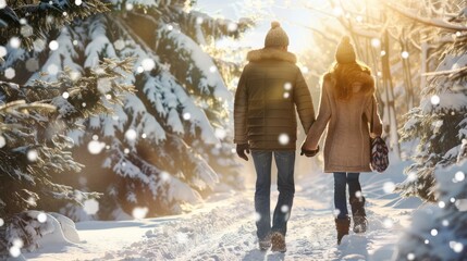 A couple strolls hand-in-hand along a snow-covered path, surrounded by sparkling trees, radiating warmth and love amidst a serene winter wonderland atmosphere.