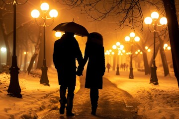 A beautiful silhouette of a couple holding hands under an umbrella in a snowy park, highlighted by warm streetlights, creating a cozy and romantic atmosphere in winter.