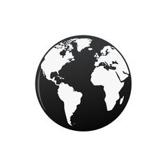 Minimalist black and white globe vector icon illustrating world continents and global themes