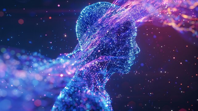 Abstract profile of a human face made from glowing particles and lines, symbolizing AI, technology, and digital identity.