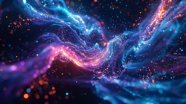 Abstract glowing blue digital waves with dots and light effects, symbolizing data flow or futuristic technology.