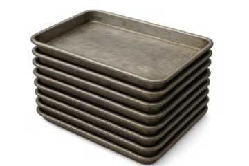 Metal baking trays stacked on transparent background