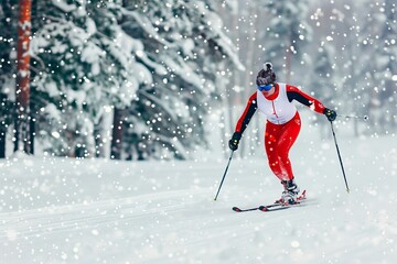 A female skier expertly navigates through a snow-covered forest while snowflakes gently fall around her, showcasing the beauty of winter sports and the thrill of skiing in nature.