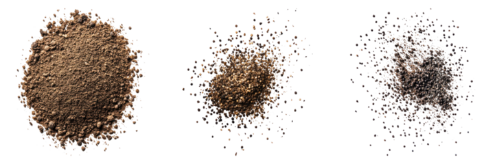A trio of isolated dirt piles, showcasing textures and details