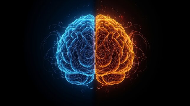 Glowing human brain with two hemispheres, blue and orange, on dark background