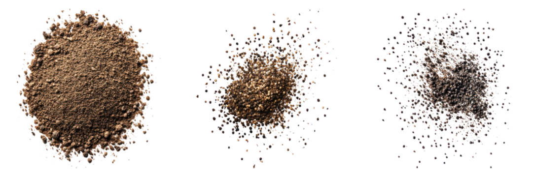 A trio of isolated dirt piles, showcasing textures and details
