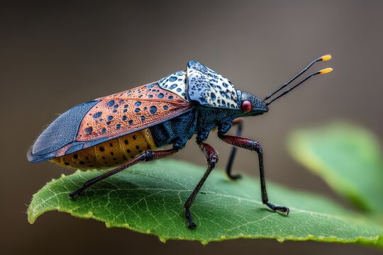 Close-Up of Invasive Spotted Lanternfly on Leaf: A Macro Perspective of Nature's Intruder