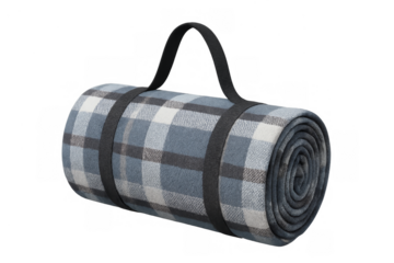 Rolled up picnic blanket carrying strap plaid pattern
